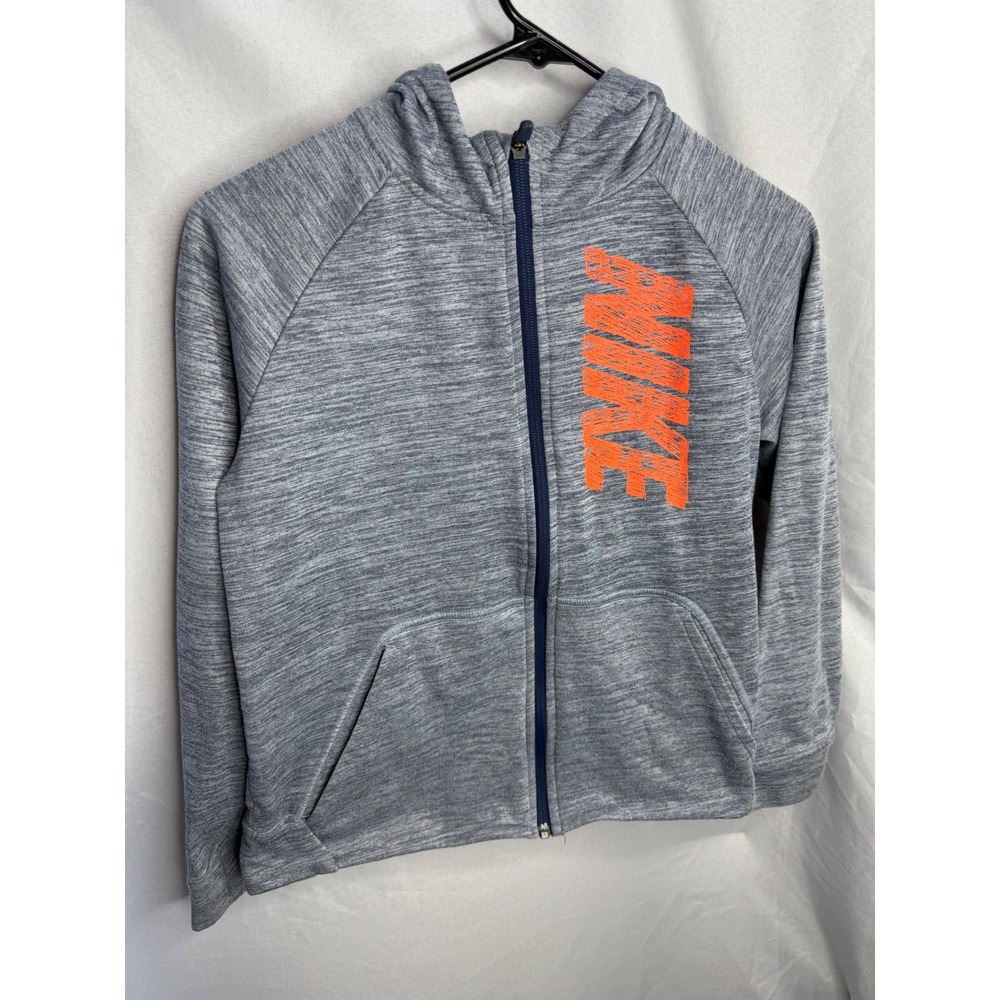 Nike Dri-FIT Boys Full Zip Hoodie Gray Space Dye Orange Logo Size Large L